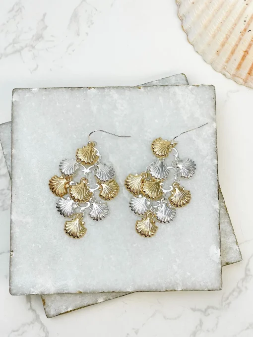 Gold & Silver Seashell Cluster Dangle Earrings