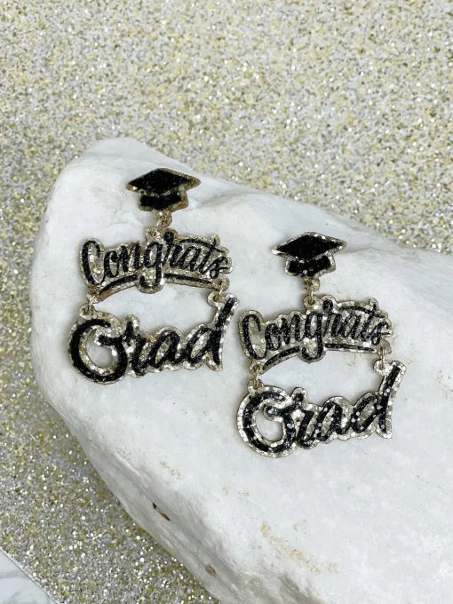 Gold Glitter Cursive 'Congrats Grad' Dangle Earrings