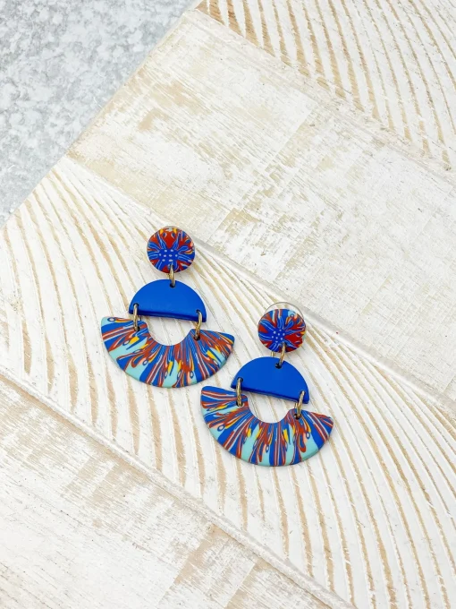 Half Moon Clay Dangle Earrings - Blue Multi