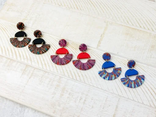 Half Moon Clay Dangle Earrings - Black Multi
