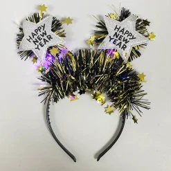 'Happy New Year' Star Glitter Light-Up Gold & Black Headband