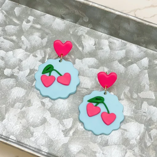 Heart Cherry Clay Dangle Earrings - Blue & Pink