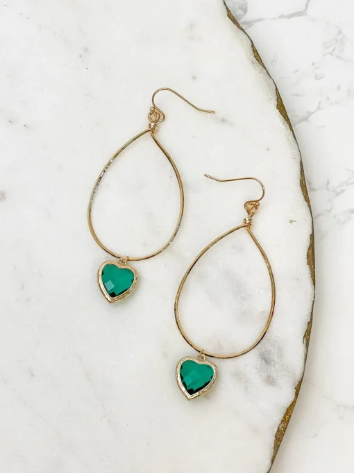 Heart Dangle Drop Earrings - Green