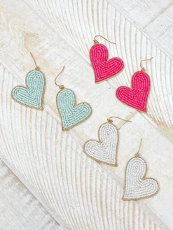 Heart Drop Beaded Dangle Earrings - White