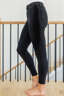 Hilary Side Fringe Skinny Jegging In Black by Judy Blue
