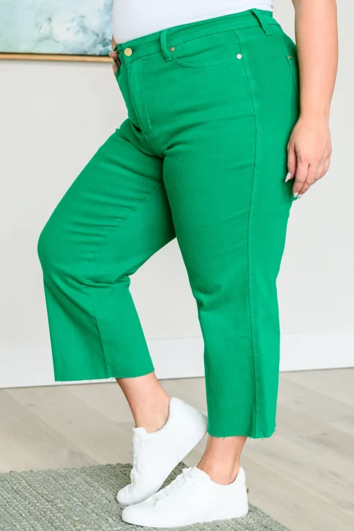 Lisa High Rise Control Top Wide Leg Crop Jeans by Judy Blue - Kelly Green
