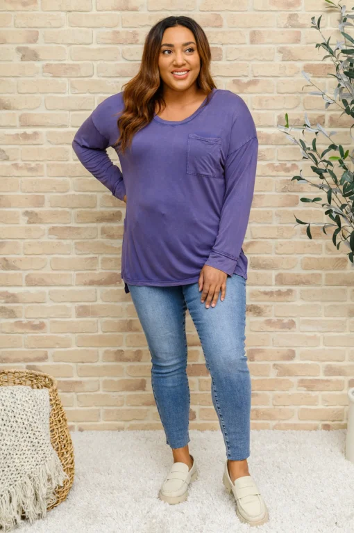 Long Sleeve Knit Top With Pocket In Denim Blue