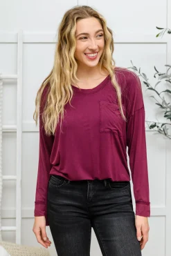 Long Sleeve Knit Top With Pocket In Burgundy