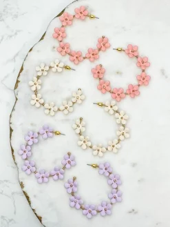 Matte Flower Hoop Earrings - Pink
