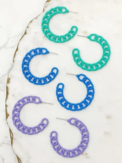 Painted Metal Chain Hoop Earrings - Teal