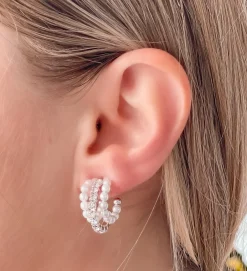 Pearl & Rhinestone Mini Hoop Earrings - Silver