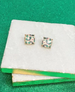 Rainbows & Gold Printed Glass Stud Earrings