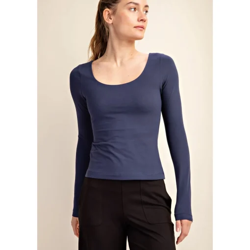 Round Neck Long Sleeve Tee by Rae Mode - Navy