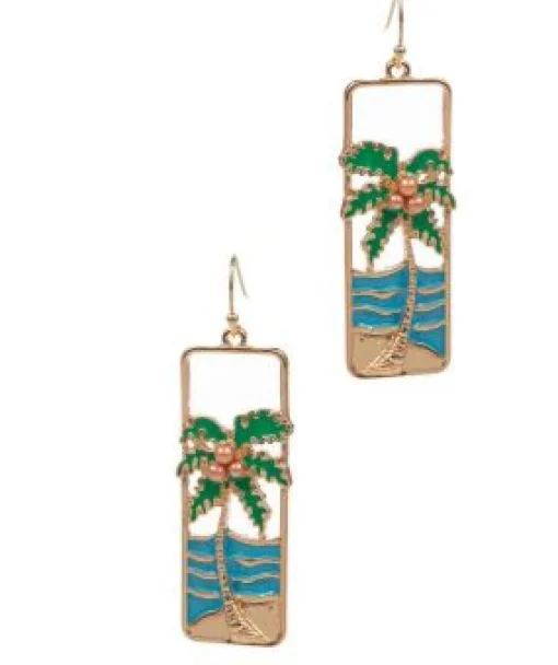 Seaside Metal & Enamel Portrait Dangle Earrings - Palm Tree