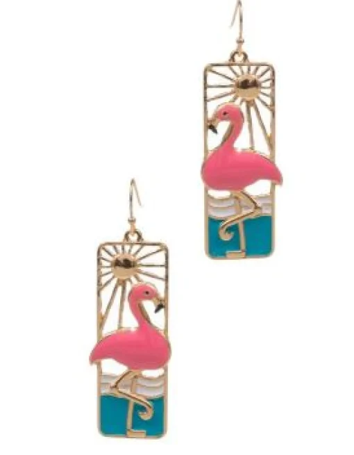 Seaside Metal & Enamel Portrait Dangle Earrings - Flamingo
