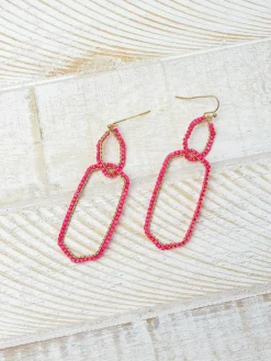 Seed Bead Link Drop Earrings - Hot Pink
