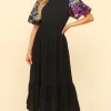 Sequin Puff Sleeve Maxi Dress - Black