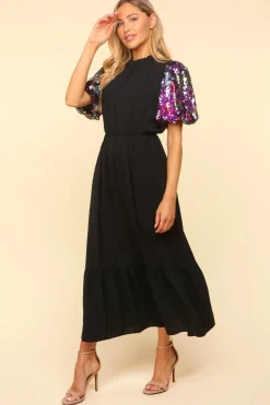 Sequin Puff Sleeve Maxi Dress - Black