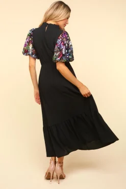 Sequin Puff Sleeve Maxi Dress - Black