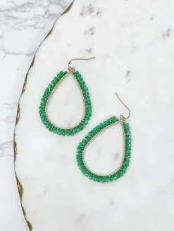 Shiny Bead Holiday Gold Teardrop Dangle Earrings - Green
