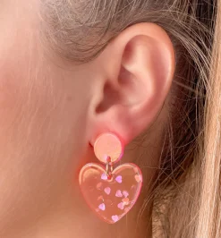 Silver Confetti Heart Dangle Earrings - Neon Pink