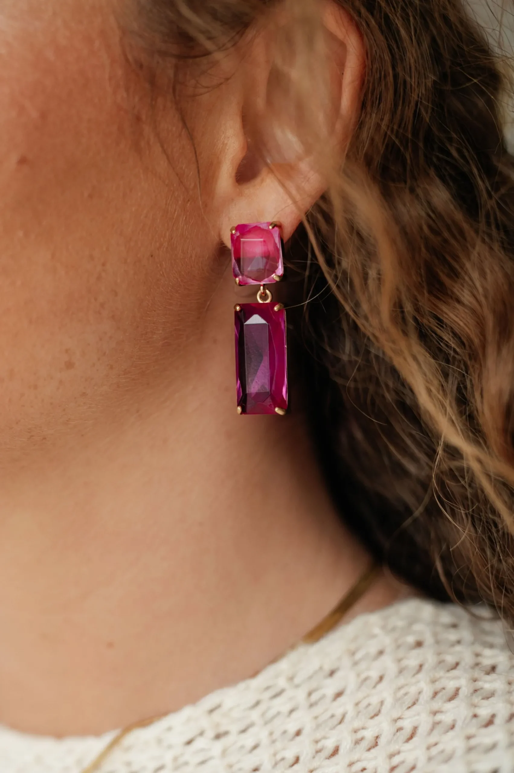 Sparkly Spirit Rectangle Crystal Earrings in Pink