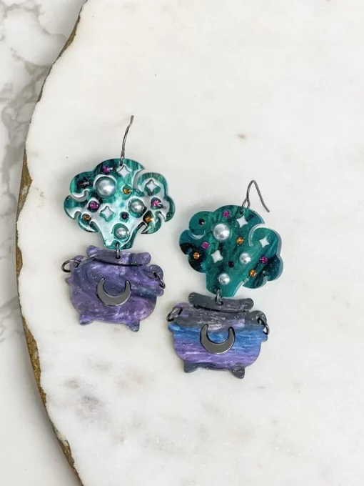 Spooky Cauldron Dangle Earrings - Green