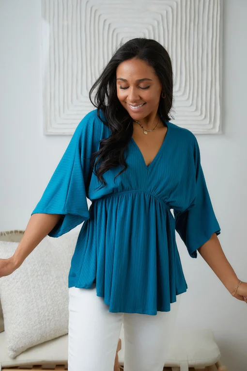 Storied Moments Draped Peplum Top in Teal (Ships in 1-2 Weeks)