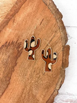 Textured Gold Metallic Cactus Dangle Earrings in Brown