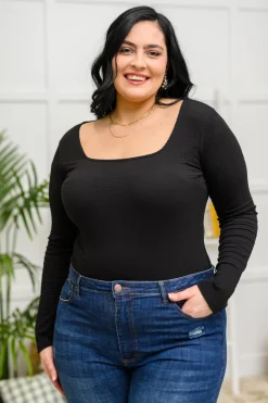 The Trisha Textured Square Neck Bodysuit in Black