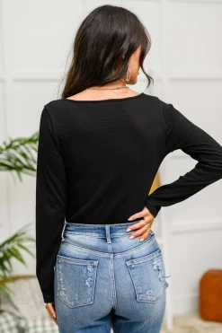 The Trisha Textured Square Neck Bodysuit in Black
