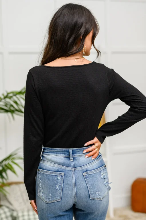 The Trisha Textured Square Neck Bodysuit in Black