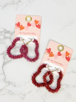 Tinsel Heart Hoop Earrings - Red