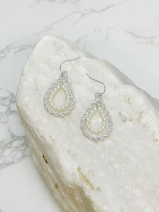 Twisted Double Teardrop Pearl Dangle Earrings - Silver