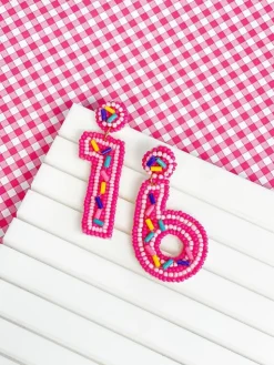 '16' Birthday Beaded Dangle Earrings - Fuchsia