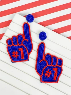 #1 Go Team Foam Finger Beaded Dangle Earrings - Blue & Red