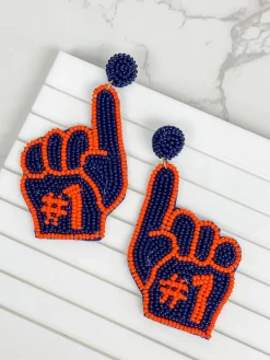 #1 Go Team Foam Finger Beaded Dangle Earrings - Navy & Orange