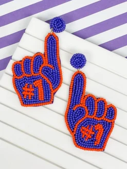 #1 Go Team Foam Finger Beaded Dangle Earrings - Purple & Orange