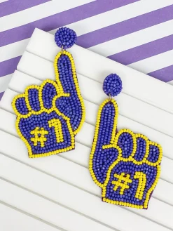 #1 Go Team Foam Finger Beaded Dangle Earrings - Purple & Yellow