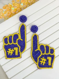 #1 Go Team Foam Finger Beaded Dangle Earrings - Purple & Yellow