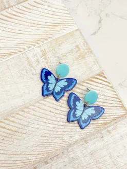 Acrylic Butterfly Dangle Earrings - Blue