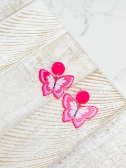 Acrylic Butterfly Dangle Earrings - Pink