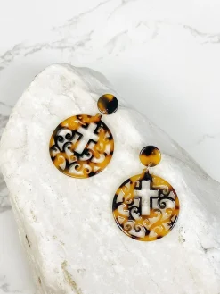 Acrylic Filigree Cross Dangle Earrings - Tortoise