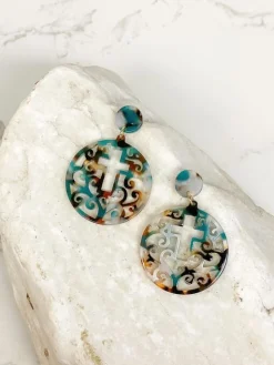 Acrylic Filigree Cross Dangle Earrings - Teal