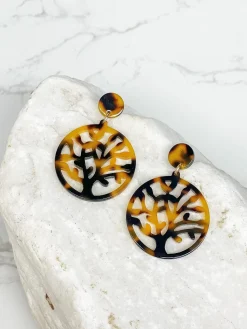 Acrylic Filigree Tree of Life Dangle Earrings - Tortoise