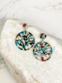 Acrylic Filigree Tree of Life Dangle Earrings - Teal