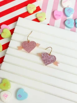 Acrylic Glitter Bow & Arrow Heart Dangle Earrings - Pink