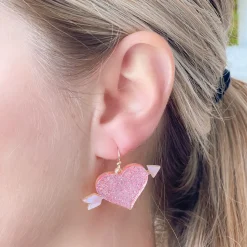 Acrylic Glitter Bow & Arrow Heart Dangle Earrings - Pink