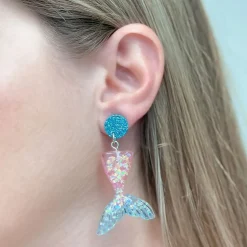 Acrylic Glitter Mermaid Dangle Earrings - Pink