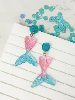 Acrylic Glitter Mermaid Dangle Earrings - Pink